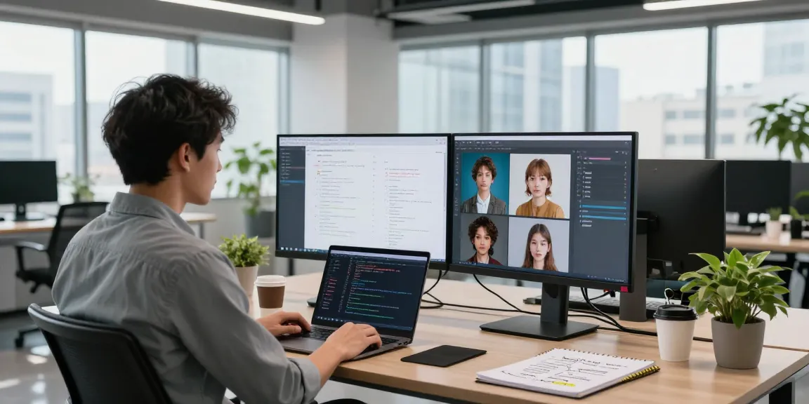 Detect AI image workspace with software engineer analyzing AI-generated photos using dual monitors in a bright office.