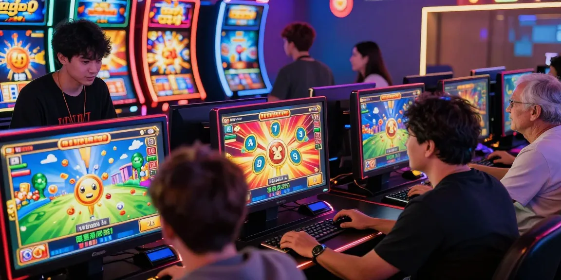 Penggemar bermain game slot di https://pasar88.com/ dengan suasana penuh warna dan lampu neon.