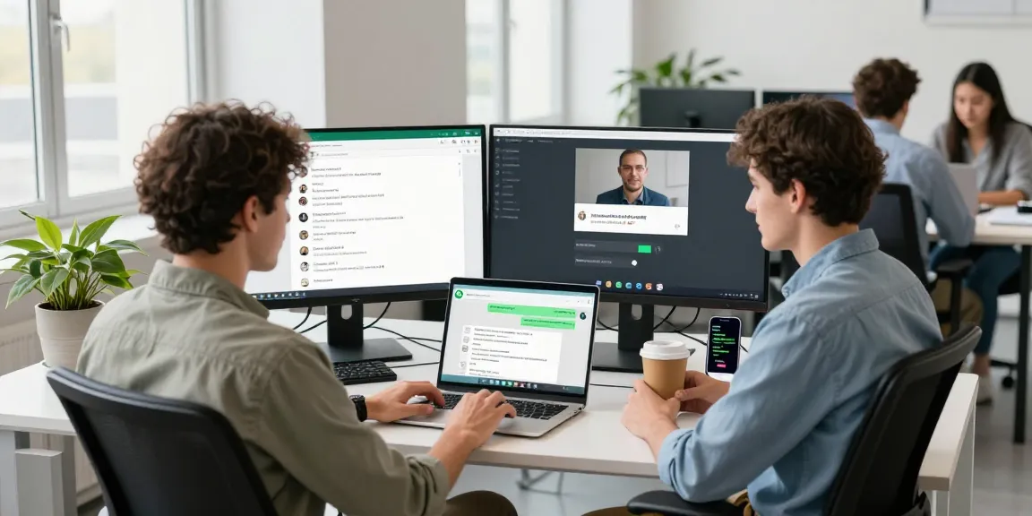 Engaged user accessing WhatsApp網頁版 on a laptop in a vibrant office space.