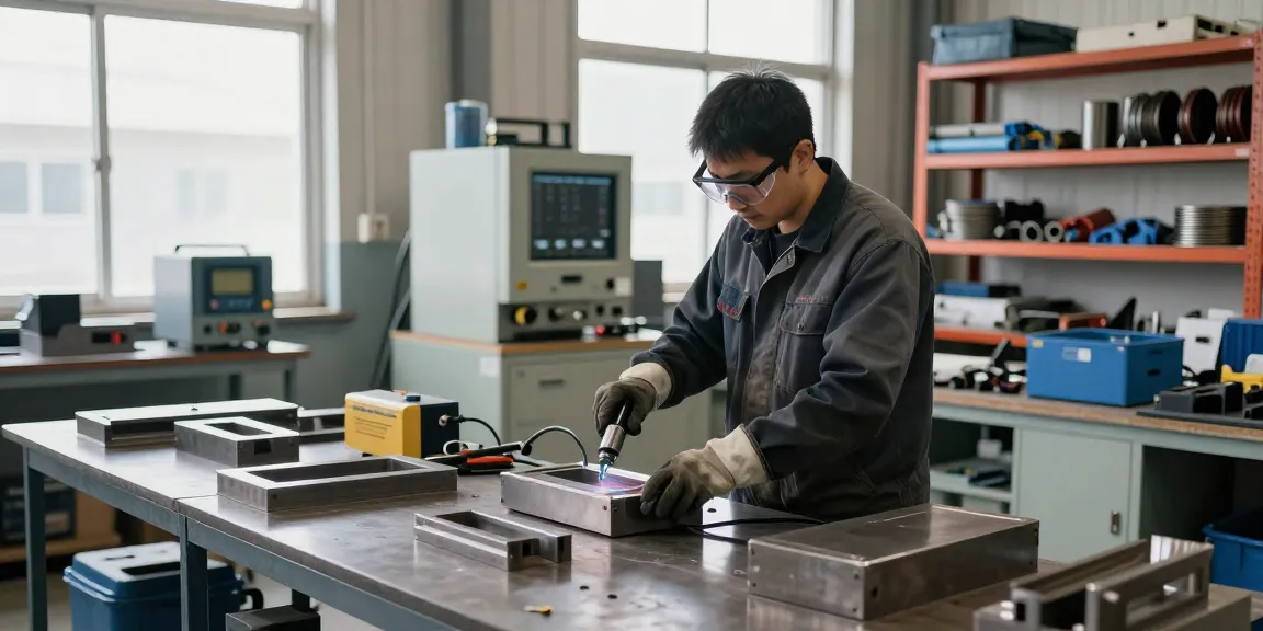 Technician using an induction heater in a safe industrial workshop, showcasing precision heating technology.