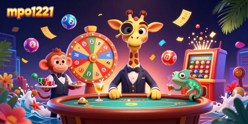 Experience the excitement of mpo1221 casino with vibrant characters amidst dynamic gaming elements.