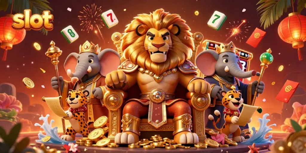 Engaging scene of slot machines and a lion king surrounded by casino elements, depicting the thrill of gambling.