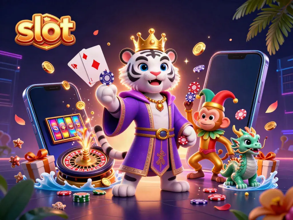 Experience thrilling slot gameplay with a vibrant illustration featuring a white tiger, monkey, and jade dragon immersed in casino elements.