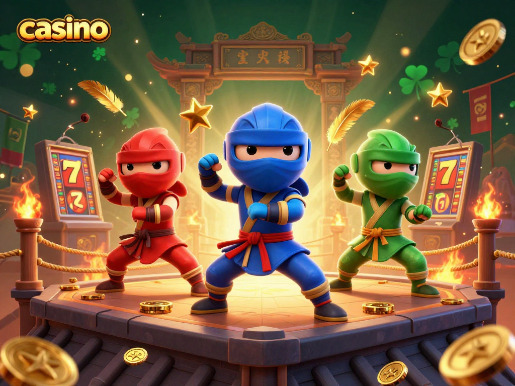 Experience a vibrant casino scene with clever chameleons showcasing martial arts amidst gold coins and slot reels.
