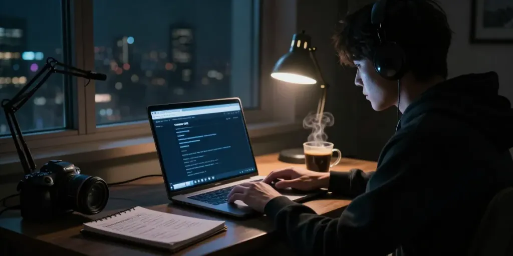 The hidden wiki dark web depicted in a mysterious glow from a laptop illuminating a focused user in a shadowy room.