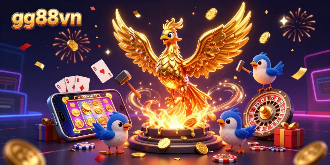 Experience the excitement of gg88vn with a 3D golden phoenix emerging from a forge, surrounded by casino elements.