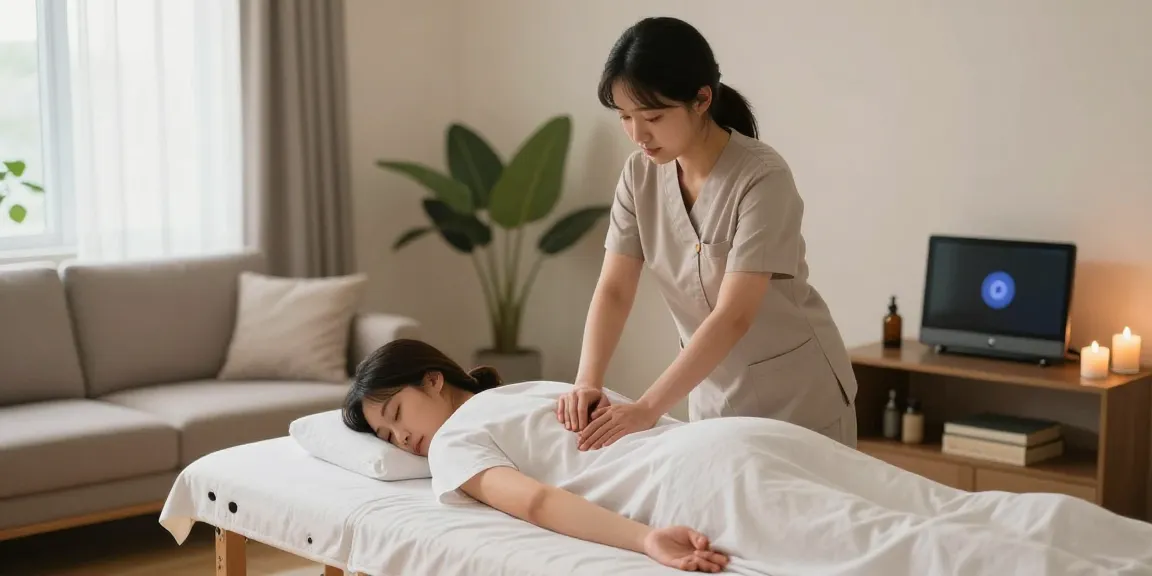 김포출장안마 서비스를 받는 고객을 위한 편안한 마사지 장면입니다.