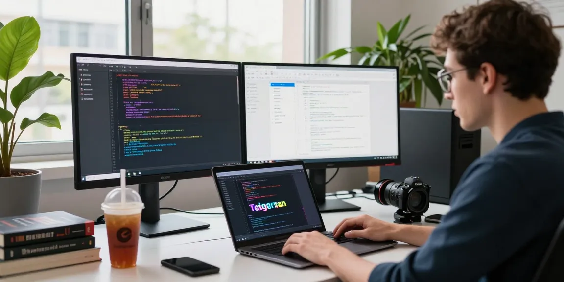 Developer using 纸飞机中文版 on dual monitors in a modern workspace.