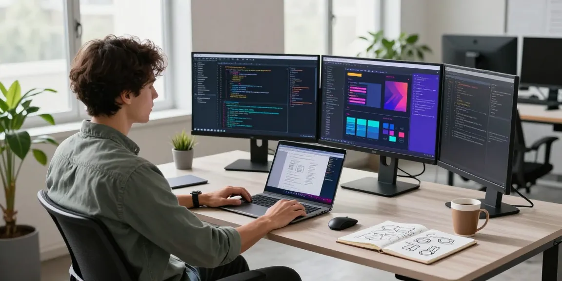 Developer at workspace with dual monitors and coding software, showcasing features of 纸飞机中文版