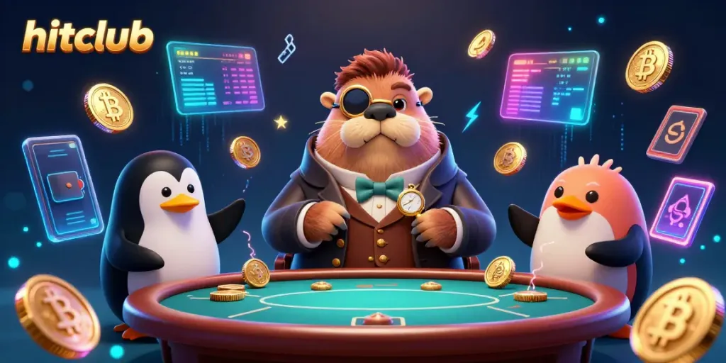 Hitclub showcases a lively poker scenario featuring a walrus, penguin dealer, and pufferfish, merging gaming and cryptocurrency.