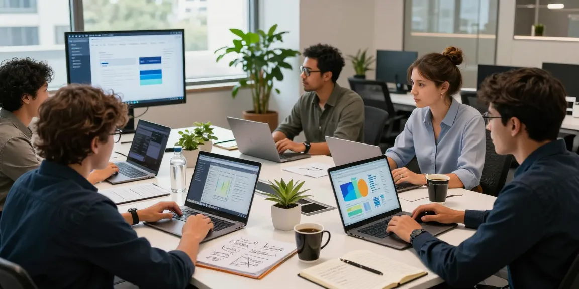 Team collaborating using AI productivity tools in an innovative office environment.