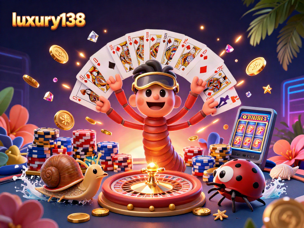 Luxury138 menawarkan suasana kasino online dengan dealer kartun dan chip besar dalam gambar menarik.