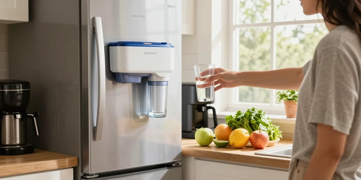 AQUA CREST XWF Refrigerator Water Filter in use as a family fills a glass with fresh water, showcasing a clean and modern kitchen environment
