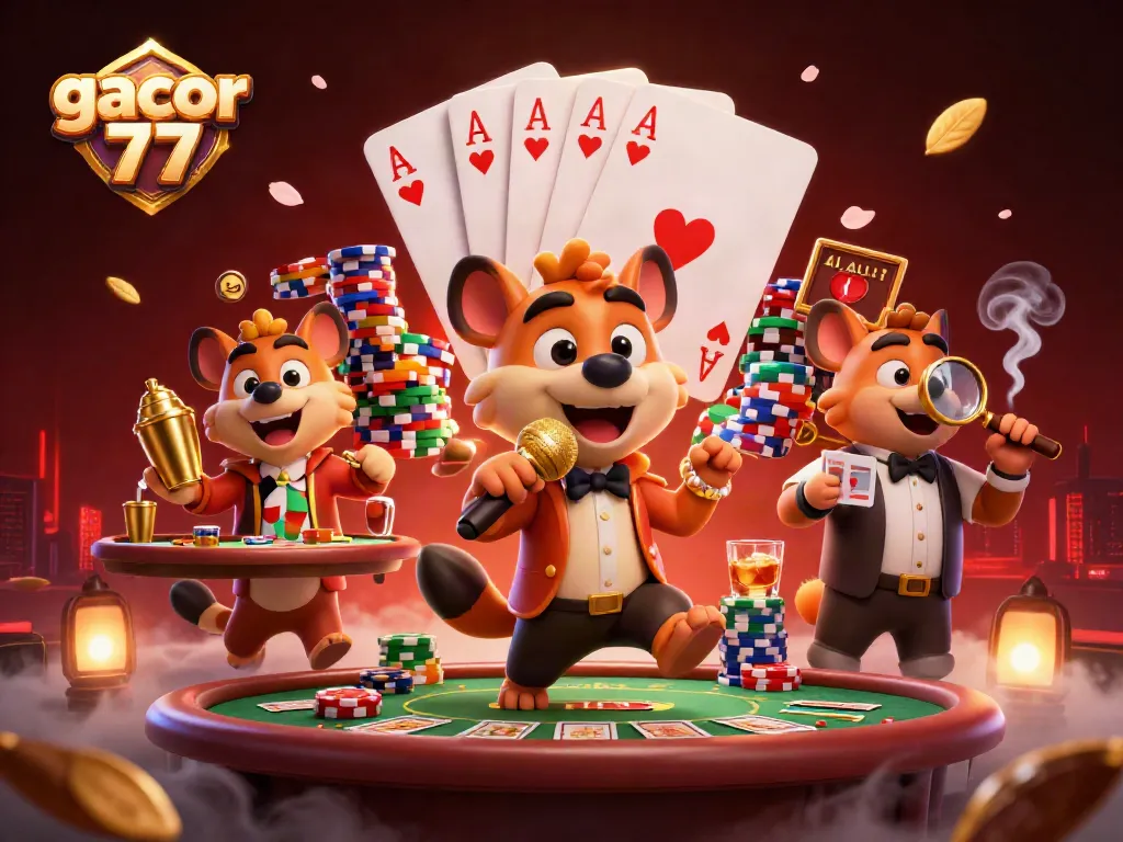 Gacor 77 menampilkan hyena komedi di kasino dengan permainan poker yang menggoda.
