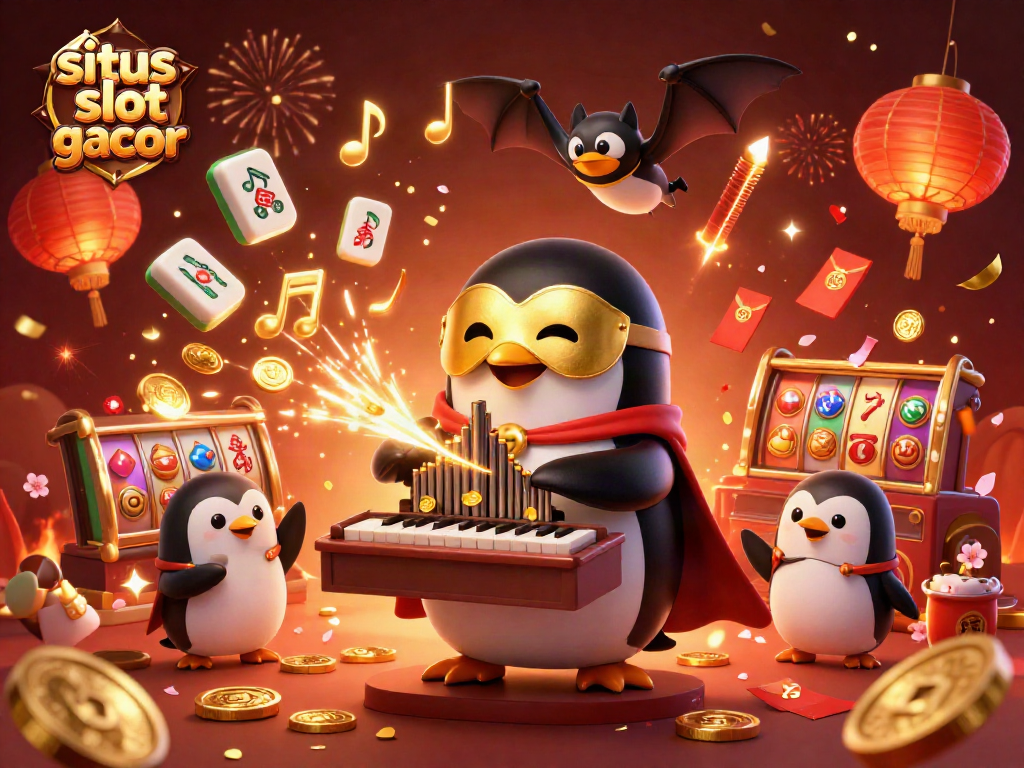 Engage with situs slot gacor as a penguin plays a golden organ shooting coins amidst vibrant casino elements.