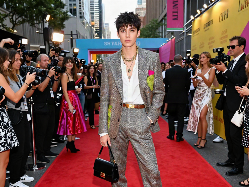 A person who looks like a celebrity poses on the red carpet at a lively fashion event.