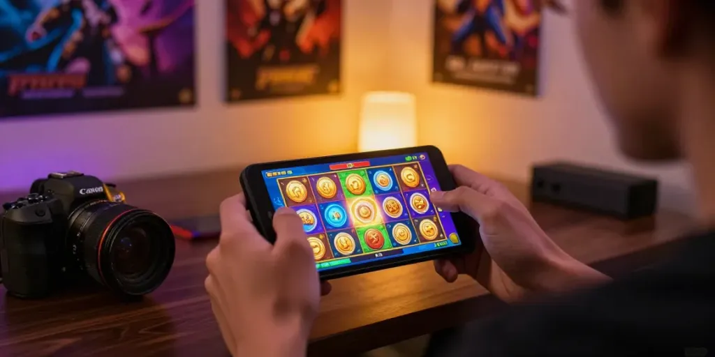Pengguna bermain di slot server Thailand dengan antusias di ruang nyaman, dikelilingi elemen permainan menarik.