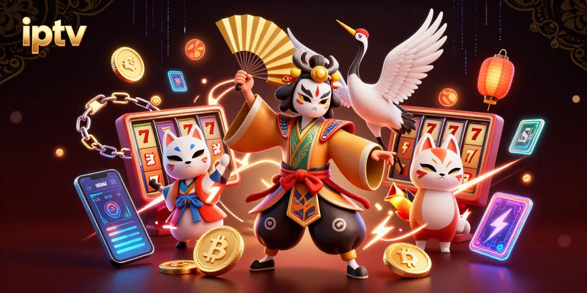 Engage with iptv offerings through vibrant 3D illustration of kabuki warrior amidst dynamic casino elements.