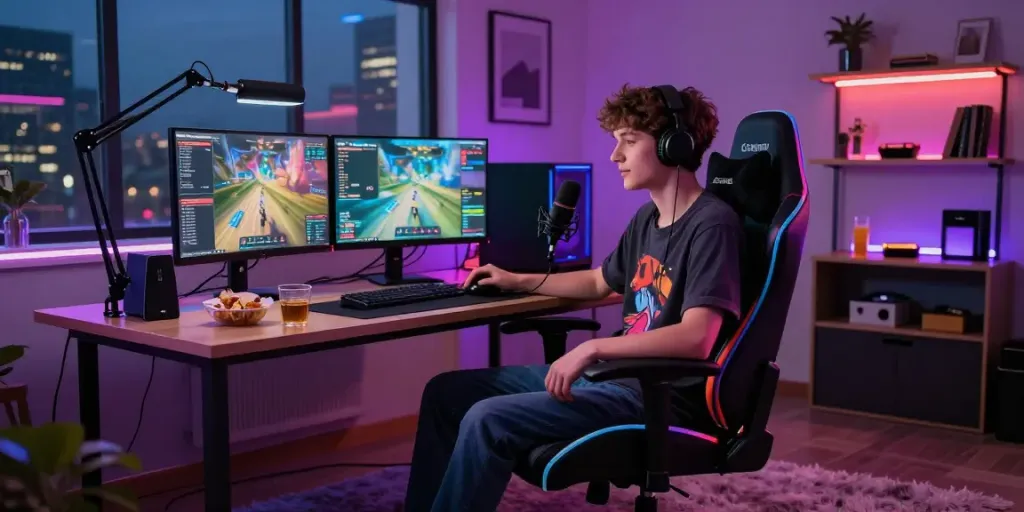Engaging gamer environment highlighting rokok88 daftar with dual monitors, RGB lighting, and snacks.