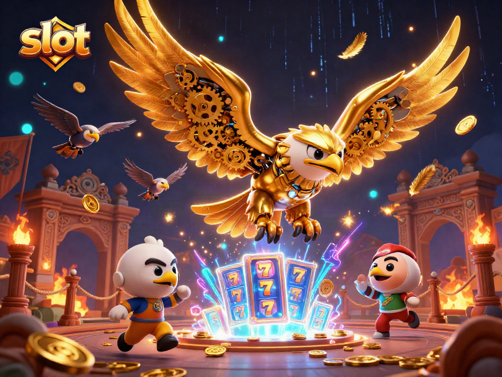 Engage in thrilling slot adventures with vibrant 3D illustration of a cybernetic eagle amidst a jackpot scene.