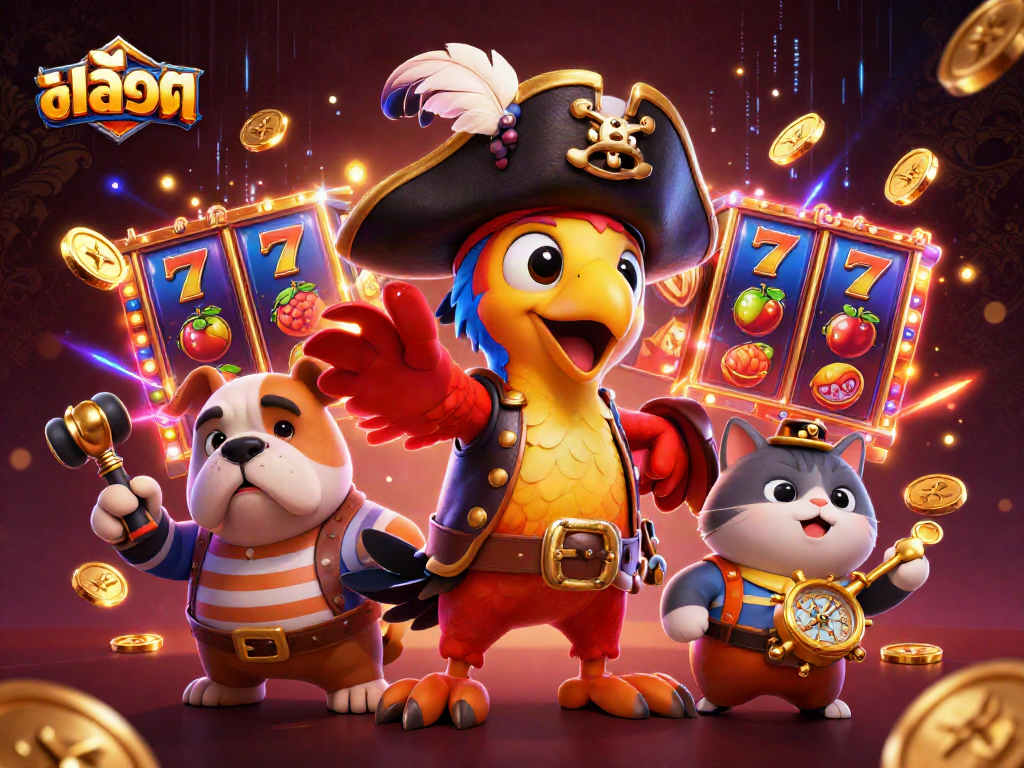 Engage in สล็อต action with a pirate captain, dog, and cat surrounded by dynamic slots.