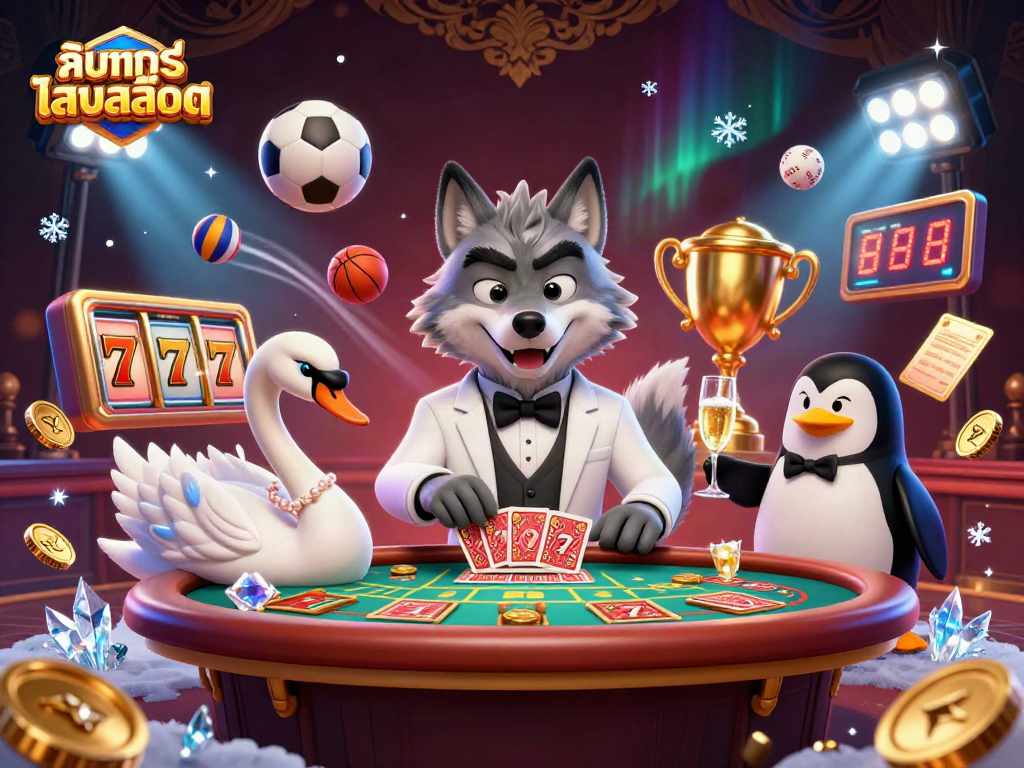 Experience ทดลองเล่นสล็อต in style with a debonair wolf, elegant swan, and sophisticated penguin at a dynamic casino scene.