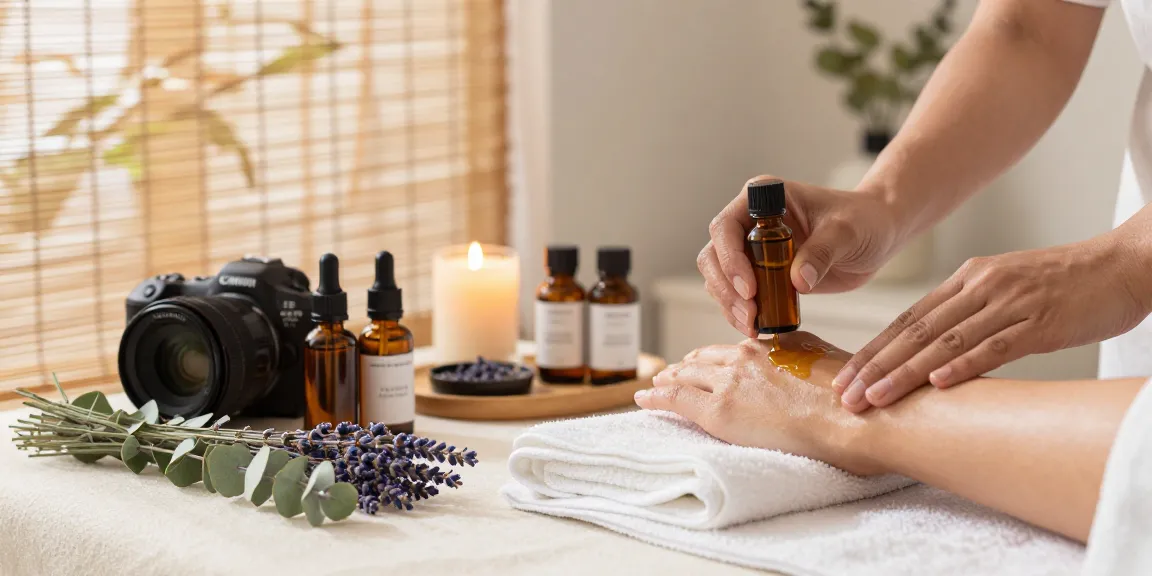 Applying exotic natural body oils in a tranquil spa setting in Durham, NC for relaxation