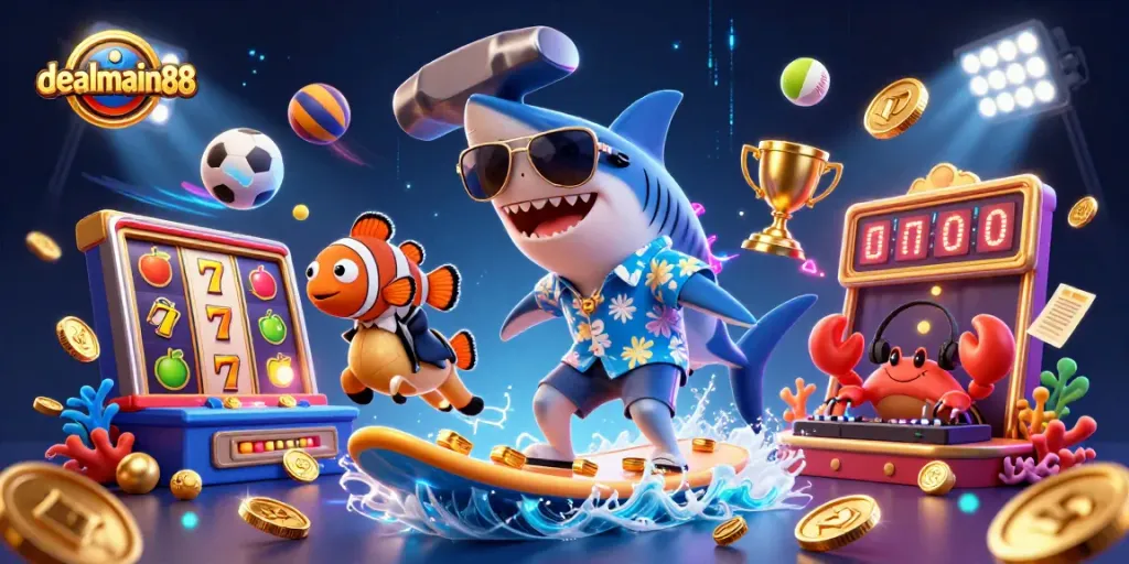 Engage in thrilling casino adventures with dealmain88 in a scene filled with vibrant characters and exciting gaming elements.