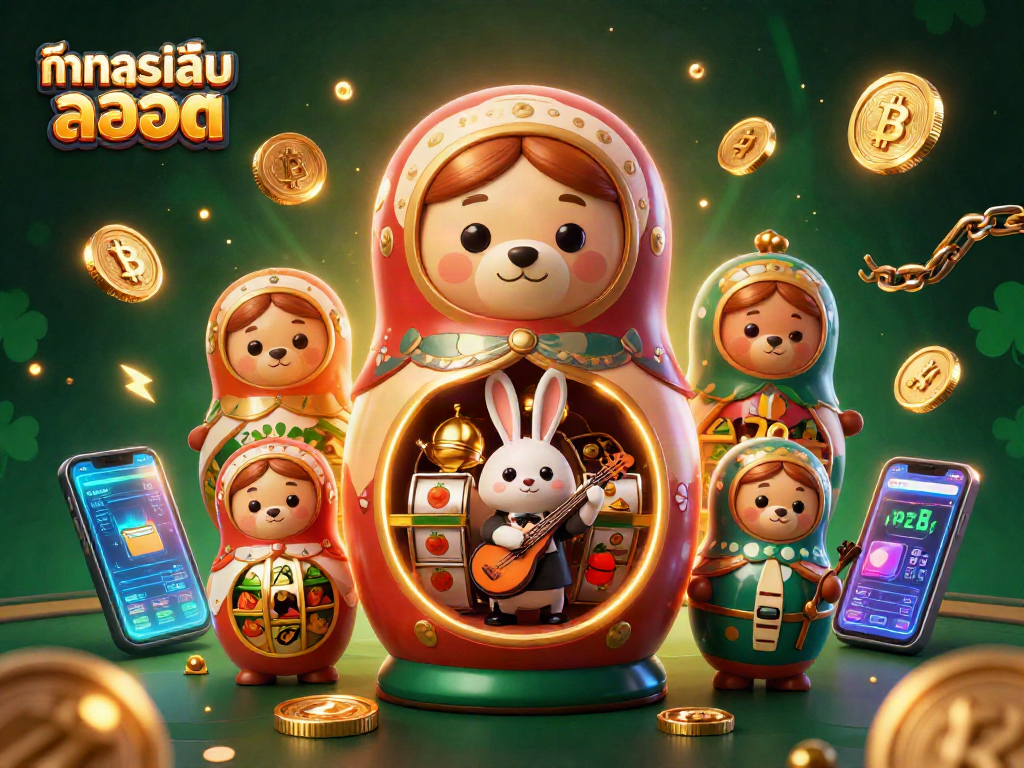 Play ทดลองเล่นสล็อต with colorful bears and casino elements in a vibrant 3D illustration.