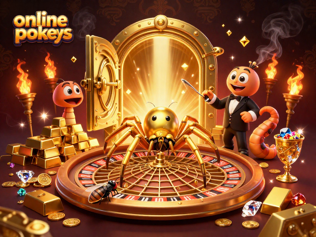 Engaging illustration of online pokies with intricate gaming elements and vibrant characters