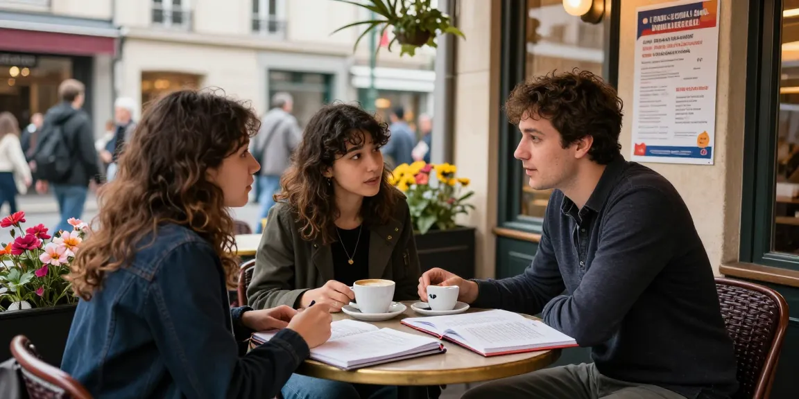 Scène engageante des Cours de français en France dans un café, étudiant apprenant avec un tuteur local dans une atmosphère accueillante.