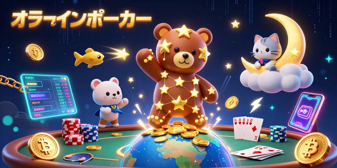 オンラインポーカーを体験するためのイラスト、ポーカーテーブルに積まれたチップとロイヤルフラッシュが描かれています。
