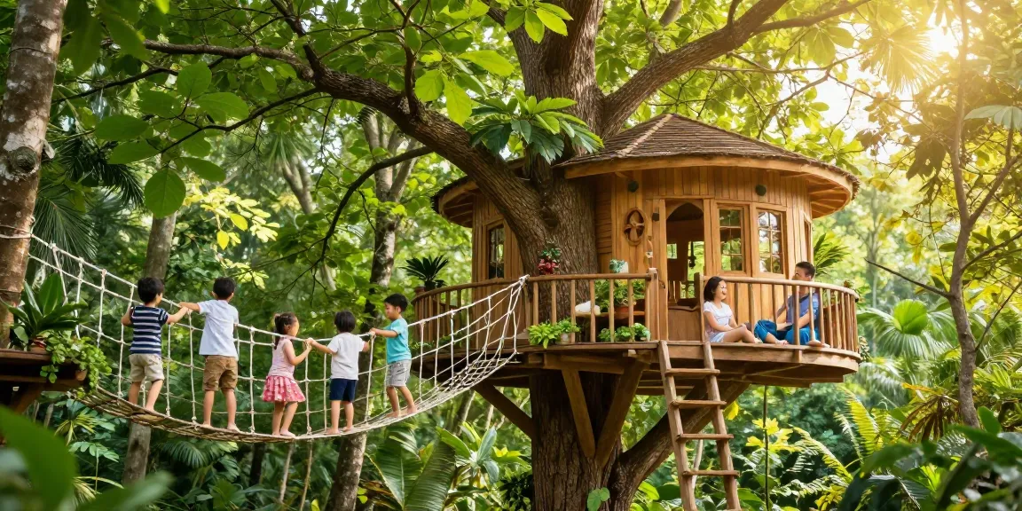 Family enjoying tree house life with children playing on a rope bridge and parents relaxing in a forest.