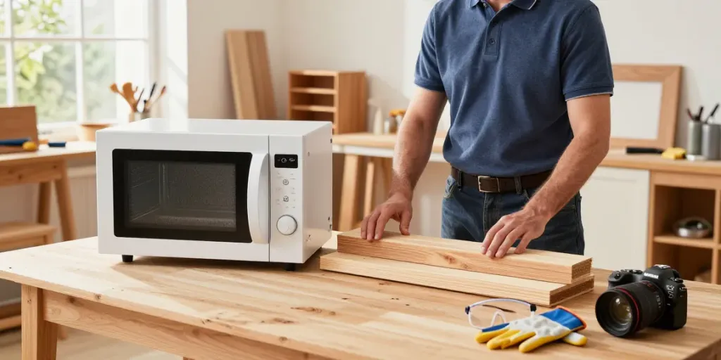 Shashel® microwave treatment for woodworm displayed in a modern workshop.