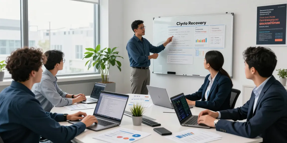Recover lost crypto with a team of specialists brainstorming recovery strategies in a bright office.