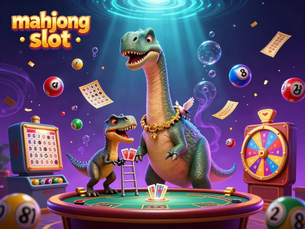 Experience the excitement of mahjong slots with a vibrant 3D illustration featuring dynamic characters and casino elements.