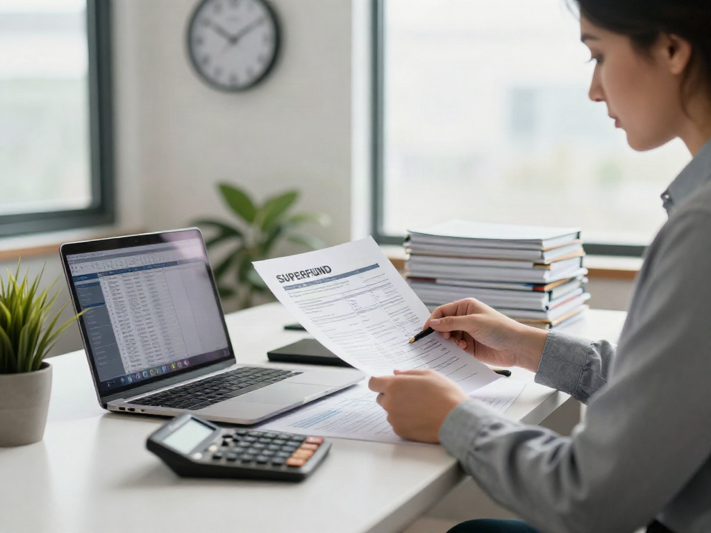 Superfund accountant analyzing financial documents at a desk, showcasing a professional office environment with natural light and financial tools.