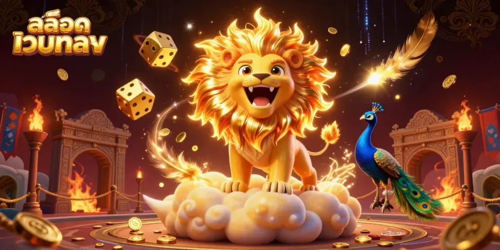Engage in สล็อตเว็บตรง action with a vibrant scene showcasing a roaring sun lion amidst casino elements.