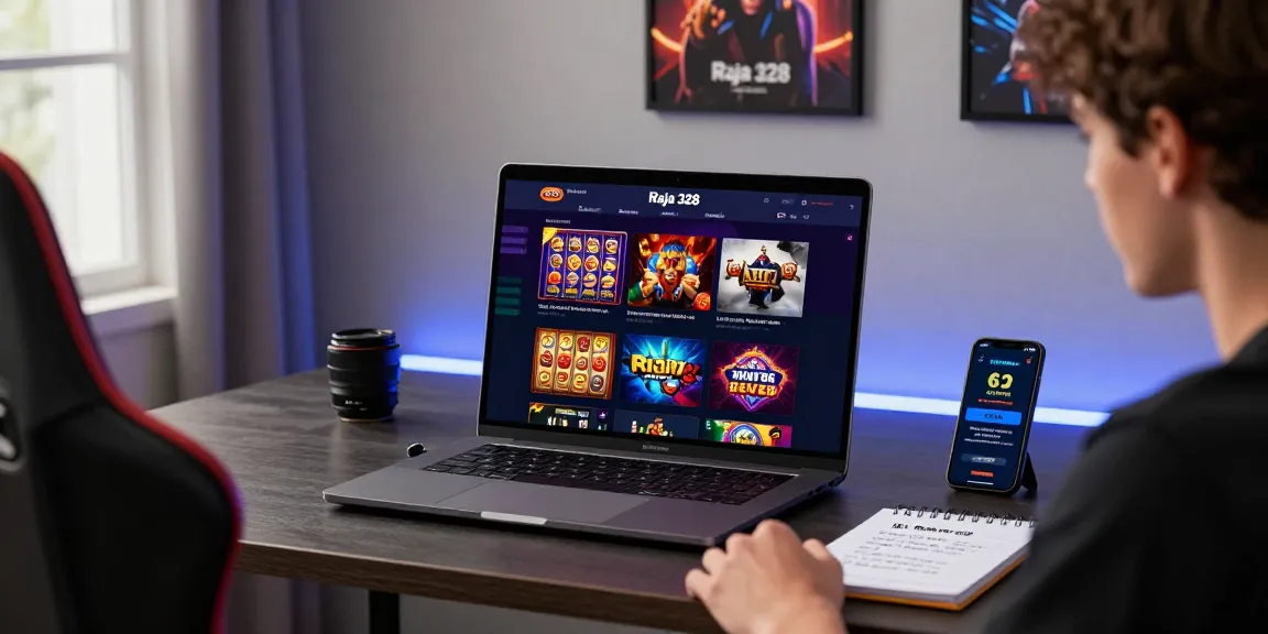 Engaging online gaming setup featuring Raja 328 situs with various game options visible on a laptop.