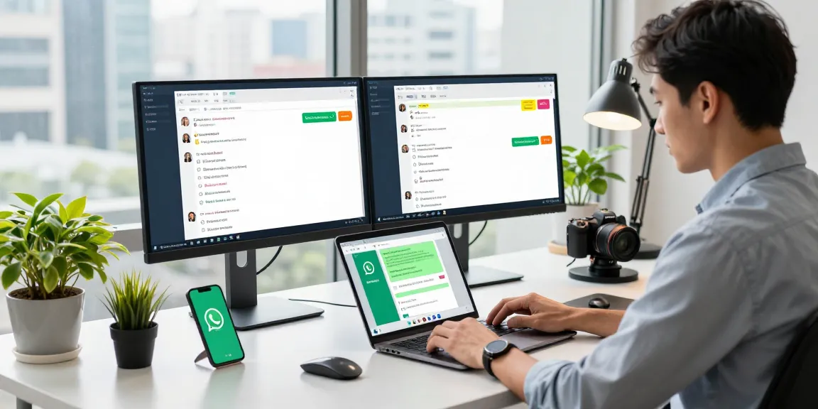 Professional using WhatsApp網頁版 on a laptop in a modern office setting.