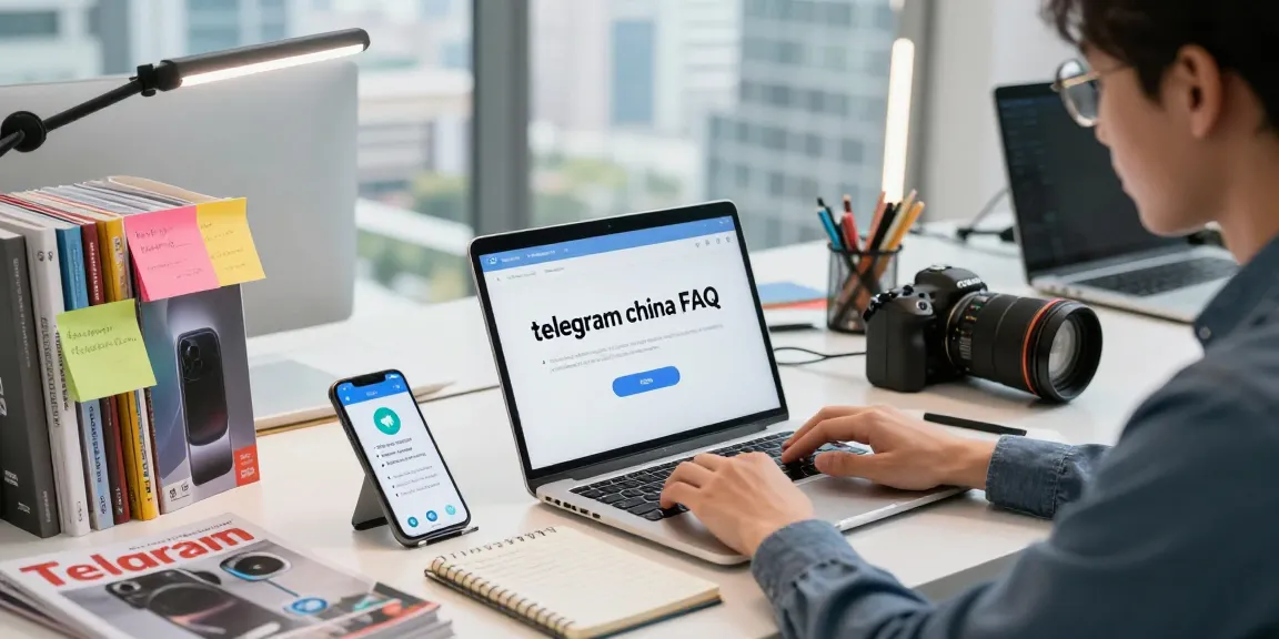 Person researching the telegram china FAQ in a modern workspace with gadgets.