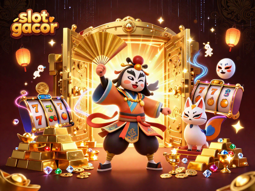 Engage in slot gacor action with a colorful casino scene showcasing kabuki warrior and treasures.