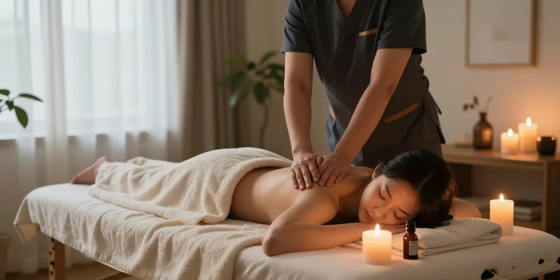 Relaxing 성남출장안마 home massage scene with professional therapist, calming atmosphere, and cozy details.