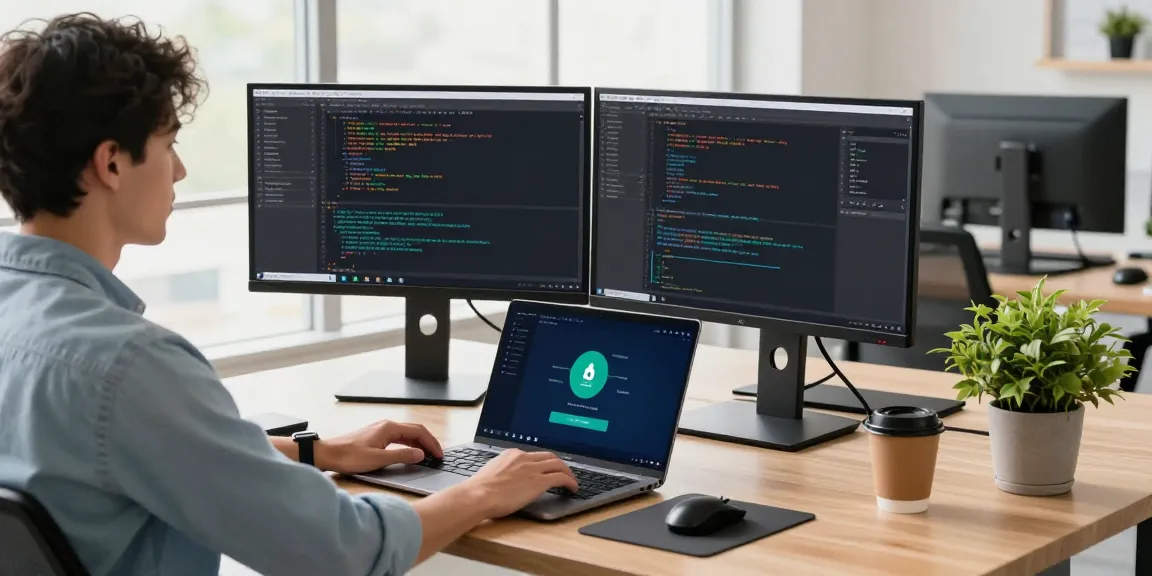 Developer using 快连 software at modern workspace with dual monitors and natural light.