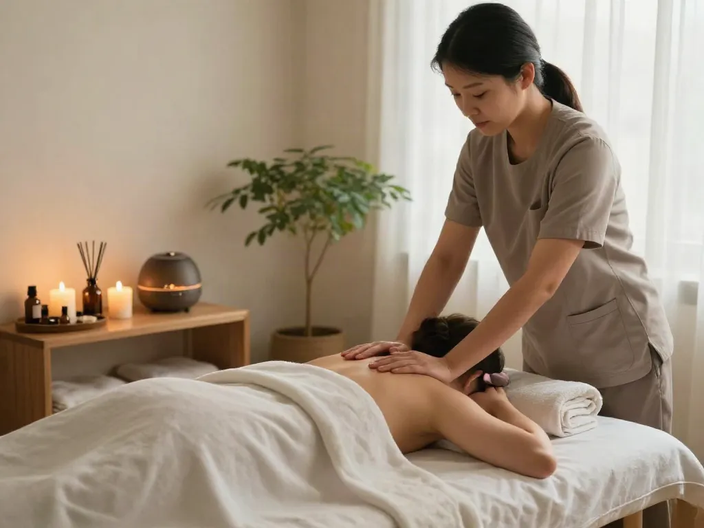 서울출장마사지 session in a tranquil home setting, showcasing relaxation and wellness.