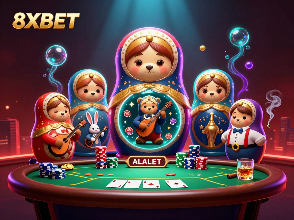 Engage with the vibrant 8XBET scene as playful bears reveal casino excitement amid poker elements.