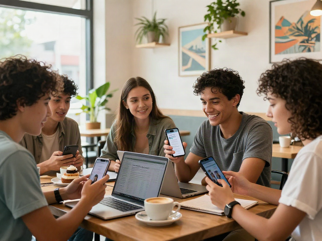 Engaged friends discovering how old do I look through a fun app at a café.