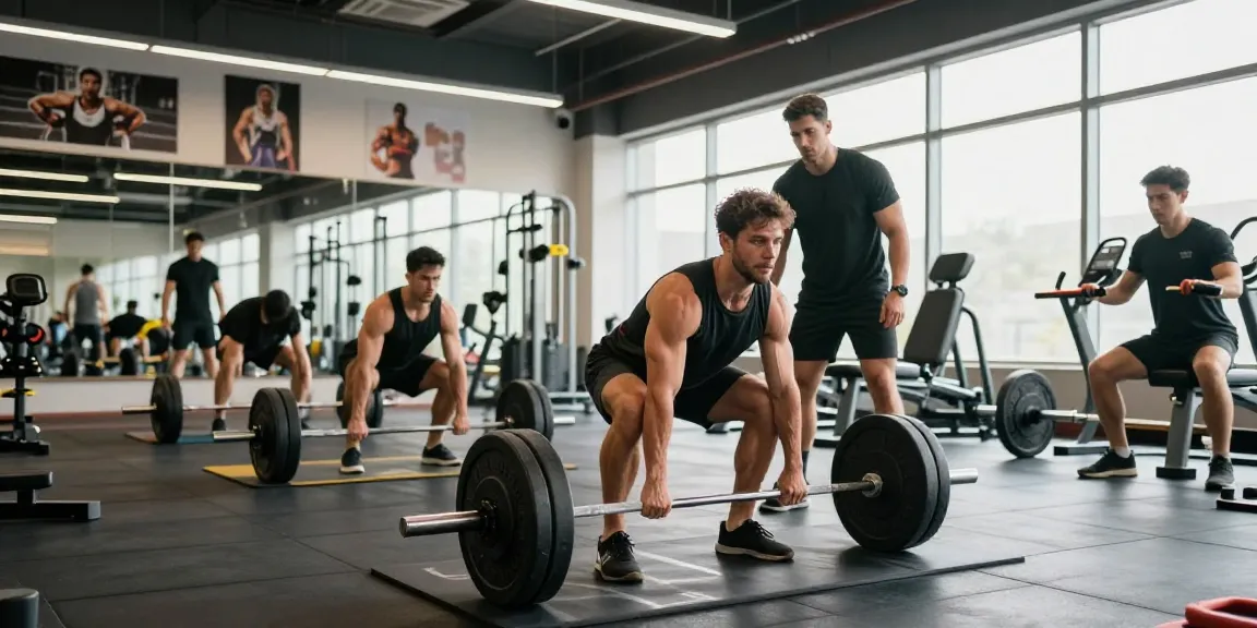 Bodybuilder training at Deus Medical Shop gym, demonstrating deadlifts amidst vibrant workout atmosphere.