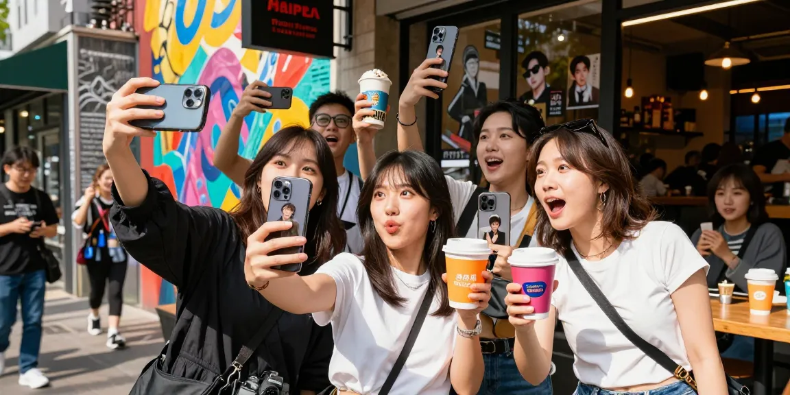 A group of friends enjoying their time discovering look alikes of famous people outside a trendy café, capturing the joy of finding celebrity resemblances through an AI app in a lively urban atmospher