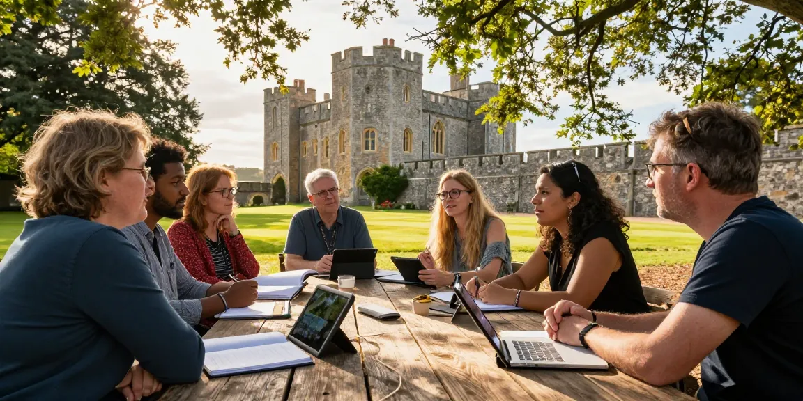 The engaging discussion about Tynte's Castle history on the interactive platform, https://tyntescastle.com, surrounded by ancient stone walls and an inviting outdoor setting.